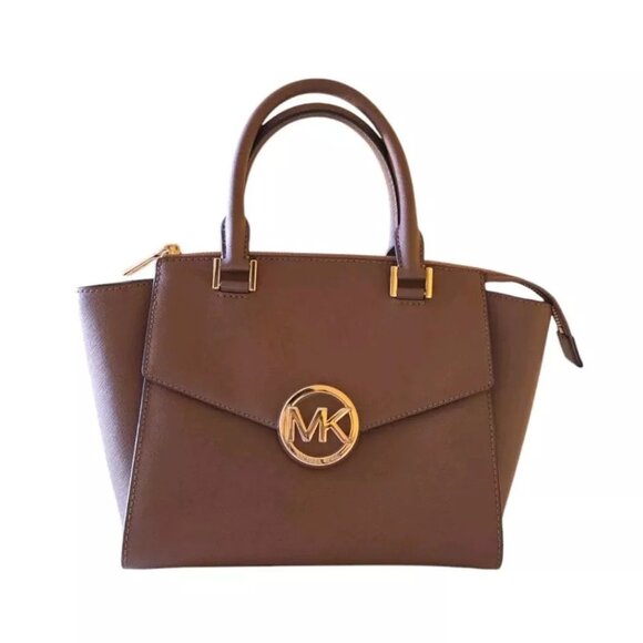 Michael Kors MK Classic Logo Hudson Saffiano Leather Handbag Satchel Brown Gold - Picture 1 of 16